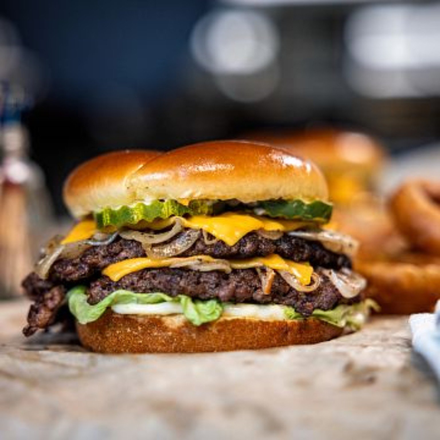 Close-up of a double smash cheeseburger