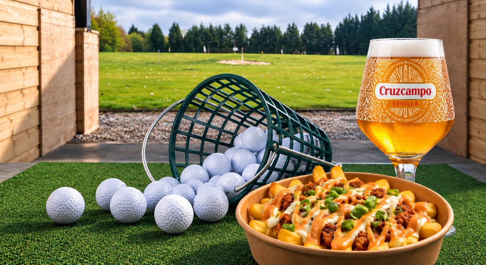 Loaded fries and a drink beside a basket of golf balls at the driving range
